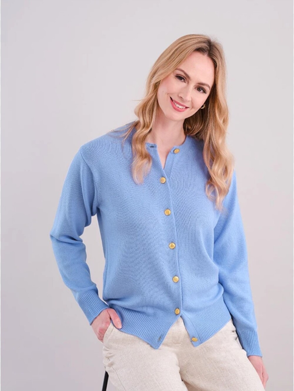 Vintage 100% Cashmere Periwinkle Blue Bryant Of Scotland Crew Cardigan L XL